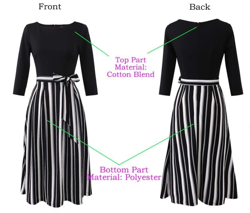 VFSHOW Womens Black and White Striped Print Spring Fall Elegant Patchwork Pockets Belted Work Business Office Casual Party Pleated A-Line Midi Dress 3733 STP BLK XL - Image 3